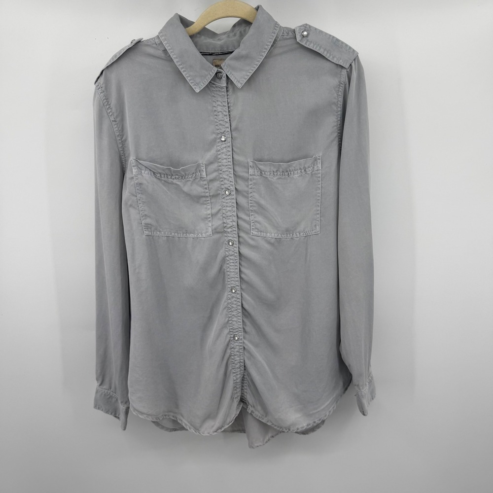 Holding Horses Utility Shirt Women M Gray Tencel Button Down Epaulettes